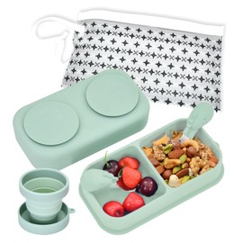 IFASHIHOME 6 PCS Travel Suction Plate for Baby,Portable Silicone Suction Plate to Go,Baby Divided Plates Feeding Set with Travel Bag for Toddler Baby Plate Divided Bowls Travel Essential Sage Green