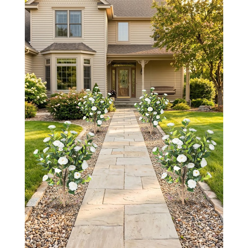 47 inch 2 Pack Artificial White Camellia Trees with Ground