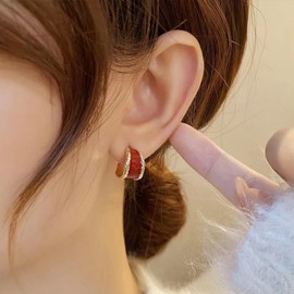 Aneneiceera Boho Resin Red Hoop Earrings Wide Acrylic Dangle Earring Red C Shape Stud Earring Round Burgundy Earrings Jewelry for Women