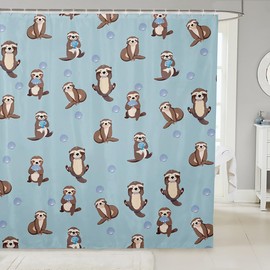 Feelyou Kids Cute Sea Otter Shower Curtain Blue Ocean Shell Bathroom Shower Curtain Sets Girls Boys Kawaii Underwater Animal Decor Bath Curtain Polyester Bathroom Accessories 72"x72"
