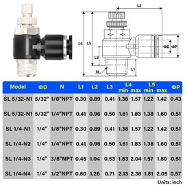 TAILONZ PNEUMATIC 3 Pack SL-5/32-N2 Push to Connect Air Line Fitting Air Flow Control Valve 5/32 Inch od 1/4 Inch Npt Elbow 90 Degree Air Speed Control Valve Fitting