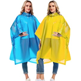 Borogo 2 Pack Rain Ponchos for Adults Reusable - Raincoats Survival Emergency Heavy Duty Rain Coat with Drawstring Hood Blue&Yellow