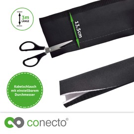 conecto Neoprene cable conduit with Velcro fastener, universal cable duct, cable management, cable organiser, cable guide, black/white, 3.0 m