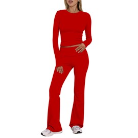 BORIFLORS Women's Workout 2 Piece Lounge Sets Long Sleeve Tops Foldover Flare Pants Casual Outfits Tracksuit,Large,Red