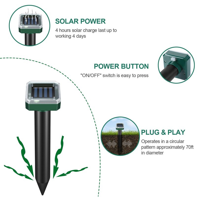 Mole Repellent for Lawns 8 Pack, Solar Powered Mole Repeller