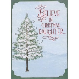 Designer Greetings Snow Covered Tree with Silver Foil Swirls, Lights and Star Religious Christmas Card for Daughter