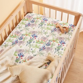 TILLYOU Muslin Crib Sheets for Boys and Girls 2 Pack, Neutral Soft Cotton Baby Crib Mattress Protector, for 52"x 28" Toddler Bed, Rainforest Elephant & Grey