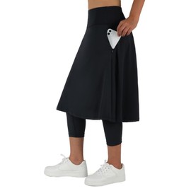 ANIVIVO Women Long Knee Length Skirt with Capris Leggings,Skirted Leggings with High Waisted Zipper Pockets(Black,2XL)