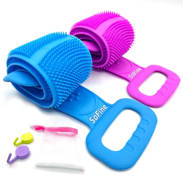2 Pcs Sofine Silicone Bath Scrubber with Massage Beads&Soft Bristles,Back Scrubber,Back Body Brush,Extended Back Washer Exfoliator,Back Loofah Sponge,Exfoliating Cleaner,Lotion Applicator,Extra Long