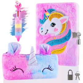 Beihre Girls' Diary with Lock, Unicorn Plush Top Model Diary with Code Secret Private Diary Book with Pen Bag for Children Returning to School