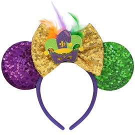 Bmobuo Mardi Gras Mouse Ears Headband for Women, Feather Mouse Ears Sequin Bows Headband Mouse Ears for Adult Park Ears