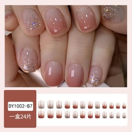 TELAIN 24 pieces Blush Ombre Press on Nails, Short Square, Winter Nail Putty, Acrylic False Nails, Press-ons, Glitter, French Tips, Shiny, Glue