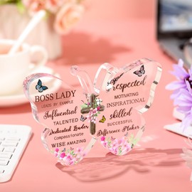 Barydat Acrylic Boss Lady Gifts for Women Inspirational Quotes Office Gifts for Women Butterfly Keepsake Paperweights for Christmas Female Leader