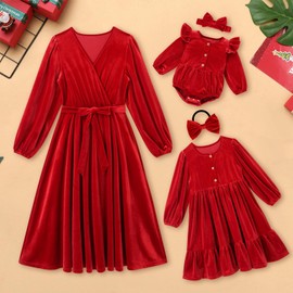 Mommy and Me Christmas Dresses Long Sleeve Santa Claus Dark Green Red V Neck Ruffle Velvet Dress Fall Winter Xmas Holiday Party Burgundy Mom Daughter Matching Outfits Photoshoot Red 6-9 Months