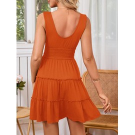 Yajedo Orange Dresses for Women Sleeveless Casual V Neck Summer Sundresses Pleated Ruffle Hem Knee Length Tank Dress(Orange X-Large)