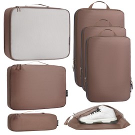 Bagail - Juego de 7 cubos de embalaje ultraligeros, 3 cubos de embalaje de compresión, 3 organizadores de embalaje con 1 bolsa de zapatos, marrón, (The Brown), Large, Patrón de tela