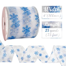 HUIHUANG Snowflake Wired Ribbon 4 inch x 25 Yards Glitter Blue and Silver Snowflake Sheer Wired Ribbon for Christmas Tree Decorations, Large Bows Making, Gift Wrapping, Home Decor, Garlands