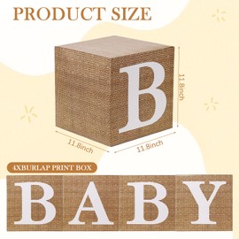 SINGOMON 4PCS Burlap Baby Boxes with Letters Netural Baby Shower Boxes Brown Baby Cube Boxes Baby Shower Party Favor Boxes Baby Shower Centerpieces for Baby Shower Decorations Gender Reveal Decorations
