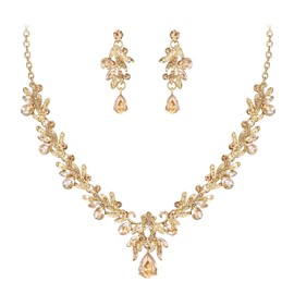 BriLove Women's Wedding Jewelery Set Leaf Flower Crystal Teardrop Marquise Cluster Pendant Necklace Dangle Earrings for Bridal Party Champagne Gold-Tone