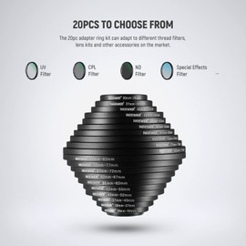 NEEWER 20 Pieces Black Anodised Metal Lens Filter Adapter Ring Kit Including 10 Pieces Step Up Adapter Ring Set + 10 Pieces Step Down Adapter Ring Set