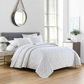 HORIMOTE HOME Quilt Set King Size White, Classic Geometric Diamond Stitched Pattern, Ultra Soft Microfiber Lightweight Bedding Set Bedspread Coverlet for All Season (1 Quilt and 2 Pillow Shams)