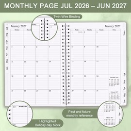 2026-2027 Diary/Planner, July 2026 - June 2027, A5 Weekly Monthly Planner with 12 Monthly Tabs, Back Pocket, Planner 2026-2027 with Elastic Closure, Flexible Cover, 14.8×21cm, Green