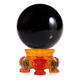 Amlong Crystal 3 inch (80mm) Black Crystal Ball with Rainbow Lion Resin Stand and Gift Box for Decorative Ball, Lensball Photography, Gazing Divination or Feng Shui, and Fortune Telling Ball