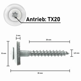 Plumbing Screws Stainless Steel A2 with EPDM Sealing Washer 15 mm - 4.5 x 25 mm - White RAL 9010 TX20 Pack of 100