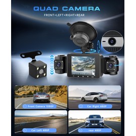 4 Channel Dash Cam 360° View, 1080P Front and Rear Inside, Left Right Dash Camera for Cars, 8 IR Lamps Night Vision, G-Sensor, 24/7 Recording Parking Mode Monitor