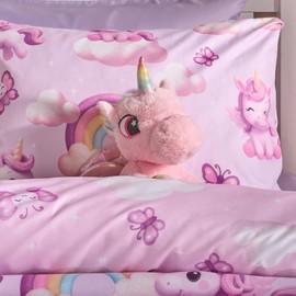 OHS Unicorn Fun Cot Bed Duvet Cover Set, Gifts for Girls Super Soft Cosy Warm Microfibre Polyester Toddler Bedding Playful Cot Duvet Cover Comfy Toddler Bedding Set with Pillowcase, Lilac
