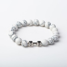 POYAMUSE Dumbbell Charm Beaded Bracelet - Lava Rock Stones Beads Strand Bracelet - Go to Gym Decoration Jewelry (Black White)