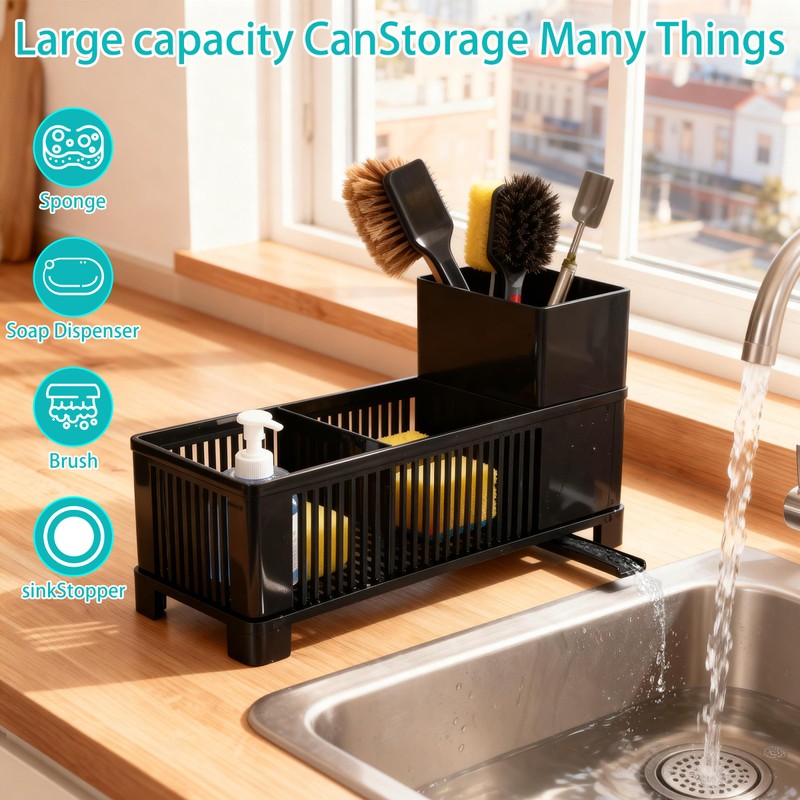 ZHABAYEN Sink Organizer, Black Sponge Holder with Scrub Brush Holder,