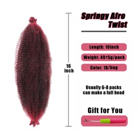 VCEOW 6 packs Pre-Separated Burgundy Springy Afro Twist Hair 16 inch Kinky Marley Twist Braiding Hair Soft Synthetic Wrapping Hair Extensions for Spring Twists Bomb Twists Style,Tbug#