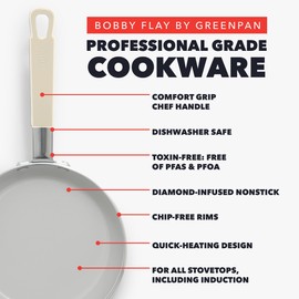 GreenPan x Bobby Flay 10" Nonstick Frying Pan Skillet, PFAS-Free Diamond Ceramic, Induction Suitable, Stay-Cool Silicone Handle, Easy Clean Dishwasher & Oven Safe, Egg & Omelet Pan, Cream