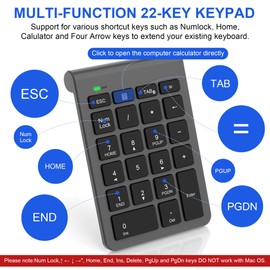 Nummernblock Bluetooth - Ziffernblock Kabellos - Numpad mit 22 Tasten und Mehreren Tastaturkürzeln - Ziffernblock Bluetooth mit Energiesparmodus - Ergonomisch - für Laptop Desktop PC Notebook Surface