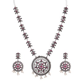 Efulgenz Oxidized Indian Jewelry Necklace Sets Oxidized Choker Necklace Earrings Set Indian Oxidized Jewelry Antique Boho Pink Crystal Faux Pearl Round Leaf Floral Necklace Dangle Earrings Bohemian
