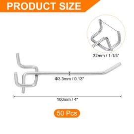 sourcing map 50Pcs 4" Pegboard Hooks, L Shape Metal Wall Hooks, Pegboard Tool Accessories Fit 1/8" Pegboard 32mm Hole Distance for Wall Organizing, Garage, Kitchen, Store, Silver