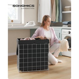 SONGMICS Laundry Hamper, 29 Gal. (110L) Laundry Basket, Collapsible Clothes Hamper, Removable and Washable Liner, Metal Wire Frame, for Bedroom Bathroom, Silver and Classic Black ULCB111B01