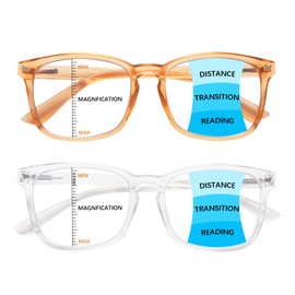 Sumkyle 2-Pack Progressive Multifocal Anti Blue Light Reading Glasses for Women and Men Fashion Eyeglasses Frame (Brown Clear,4.00)…