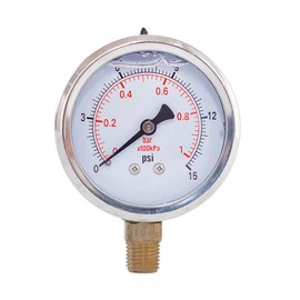 Pressure Gauge,Liquid Filled,2" Dia,0-15 psi/bar/kpa,1/4" NPT Lower Mount, Polycarbonate Lens Window, Stainless Steel case