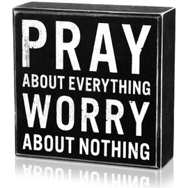 Jetec Christian Desk Decor Wooden Box Sign Pray About Everything Worry About Nothing Sign Bible Verses Wall Decoration Inspirational Scripture Wood Block Plaque for Home Office Gifts(Black)