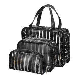 PATIKIL 3 Pcs Clear Makeup Cosmetic Bag, Transparent PVC Travel Toiletry Bag Waterproof Vinyl Organizer Makeup Pouch with Zipper and Handle Strap for Women Men Airport Airline, Black
