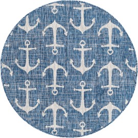 Unique Loom Outdoor Coastal Collection Area Rug - Ahoy (4' Round Blue/Ivory)