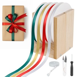 4 Rolls Ribbon Kit - 350 Total Yards 3/8 Inch Polyester Ribbon Set with Wooden Storage Box & Bow Making Tools - Gift Wrapping Ribbons for Christmas, Wedding, Party & DIY Craft Decor (4 Rolls * 87.5YD)