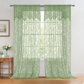 WUBODTI Sage Green Lace Curtains with Valance 84 Inches Long 2 Panels, Rod Pocket Vintage Victorian Semi Sheer Embroidered Floral Patterned Window Treatments Home Decor for Living Room, Bedroom