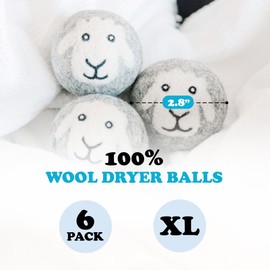 Smart Sheep Wool Dryer Balls - 6-Pack - XL Premium Natural Fabric Softener Award-Winning - Wool Balls Replaces Dryer Sheets - Wool Balls for Dryer - Laundry Balls for Dryer