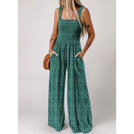 Dokotoo Jumpsuit Women's Summer Floral Pattern Dungarees Casual Loose Overalls Wide Leg Playsuit Long Romper with Pockets S-2XL, Green