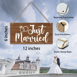 Just Married Sign Wall Hanging - Just Married Decorations Wedding Accessories - Reception & Engagement Party Wall Art - Wooden Ring Bearer Sign (Brown)