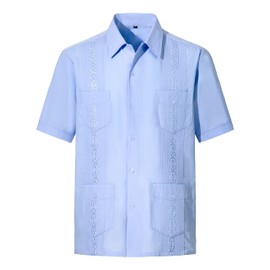 MAXJON Mens Short Sleeve Button Down Guayabera Shirts for Men Cuban Embroidered Pleats Beach Shirts Big and Tall (Lightblue,XL)