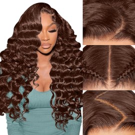 XNJ 24inch Chocolate Brown Lace Front Wig Loose Deep Wave Wig 13x6 220 Density Brown Wig Human Hair Pre Plucked With Baby Hair Dark Brown Loose Wave Wigs For Women Brown Curly Wig Human Hair